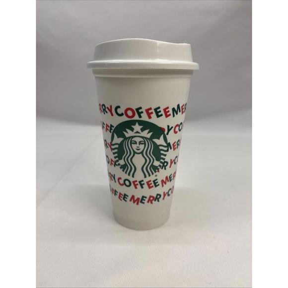 Starbucks Other - Starbucks Coffee Reusable Travel Plastic Cups 16oz w Lid 2013 White Merry Coffee